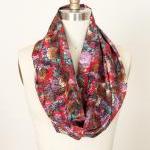 Infinity Scarf Boho Bohemian In Red Floral Silky..