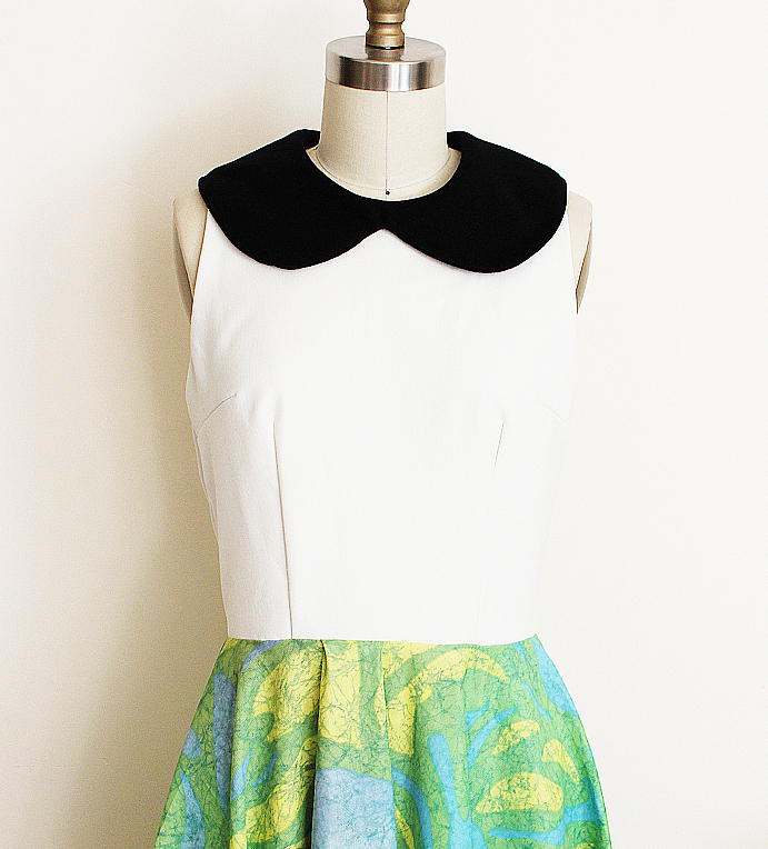 Peter Pan Collar Dress In Vintage Neon Green And Blue Skirt With Black Collar And White Bodice, Small