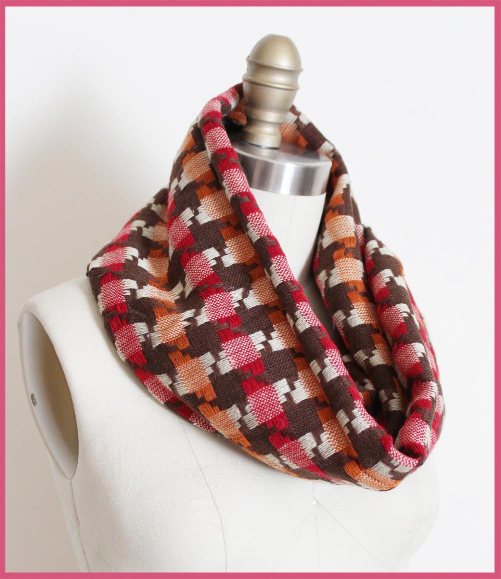 Houndstooth Infinity Scarf Circle Loop For Autumn Fall In Brown Pink And Orange