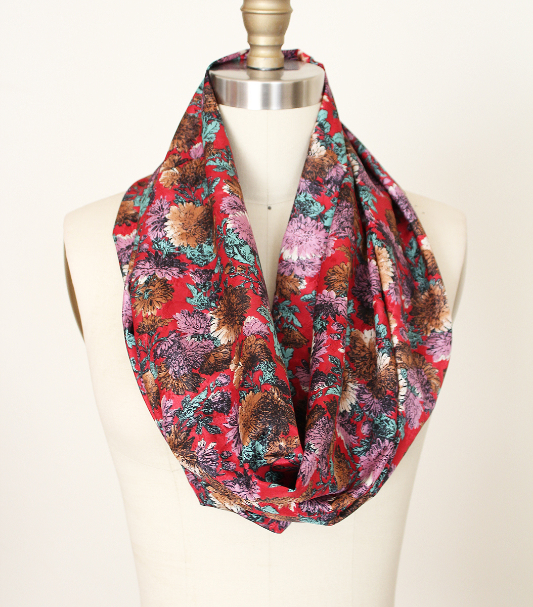 Infinity Scarf Boho Bohemian In Red Floral Silky Fabric