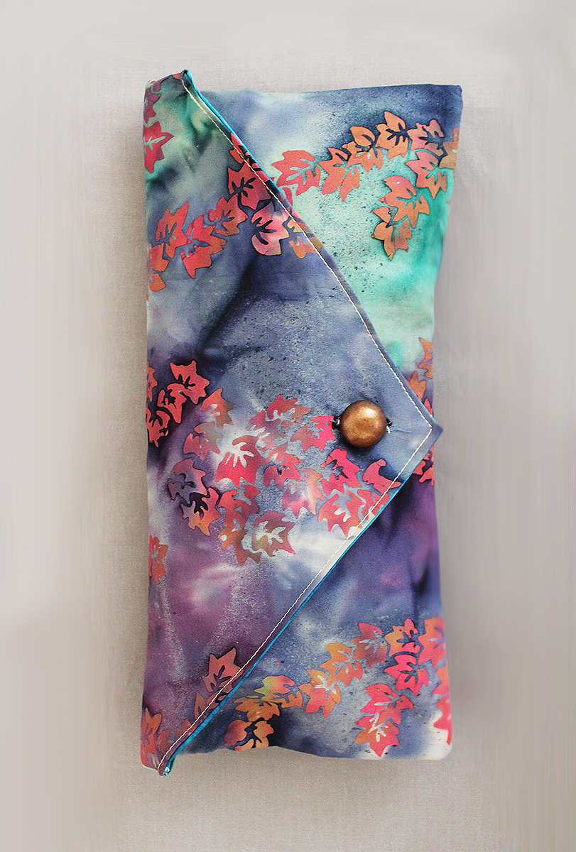 Envelope Clutch, Makeup Bag, Gifts For Her In Purple Blue Batik Fabric