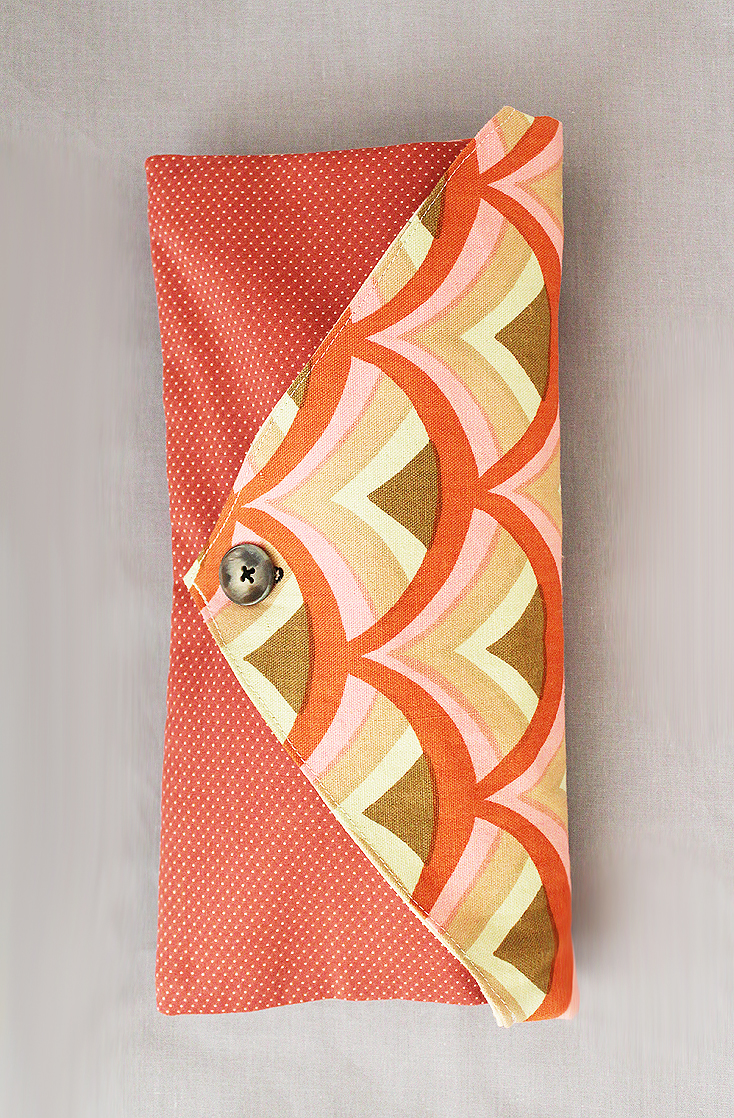 Envelope Clutch, Makeup Bag, Gifts For Her In Orange Pink Green Scallop Fabric