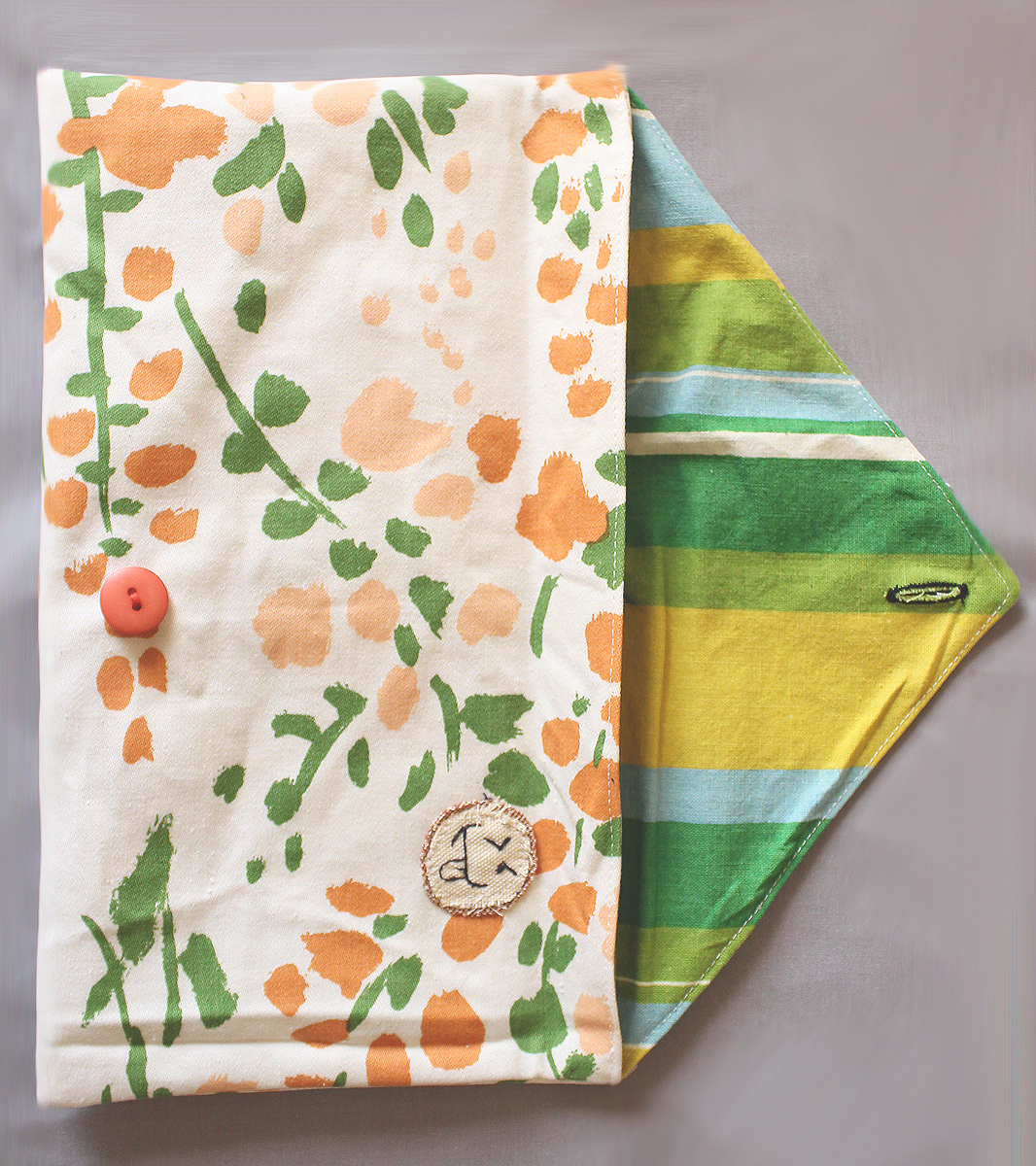 Envelope Clutch, Makeup Bag, Gifts For Her In Orange And Green Floral Fabric