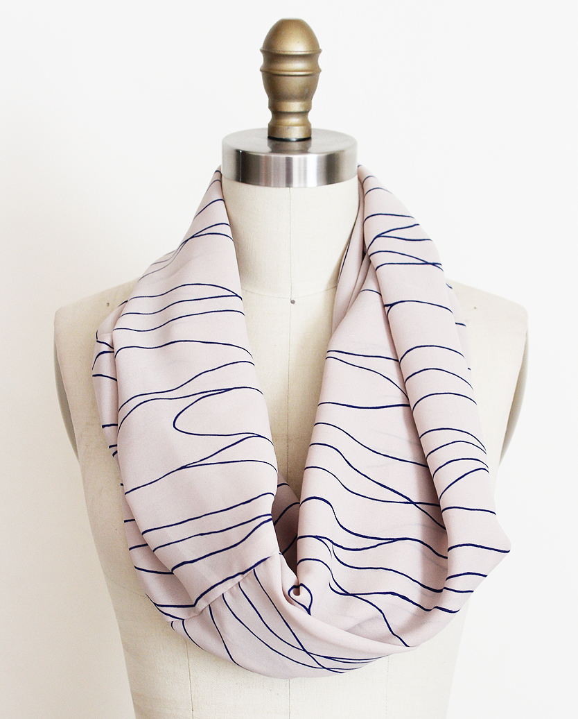 Infinity Scarf In Beige Fabric With Blue Lines Circle Loop