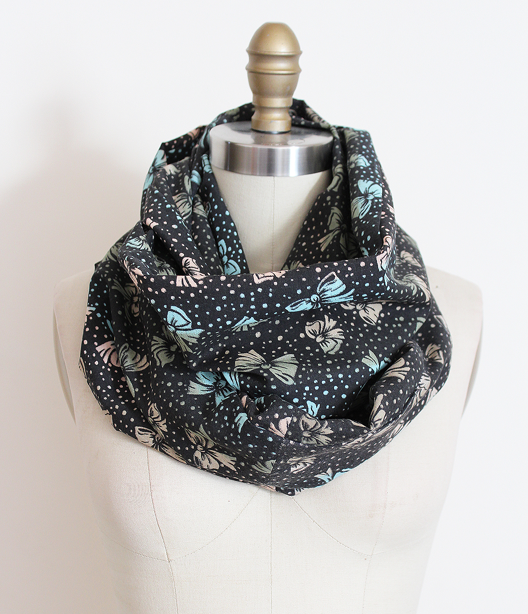 Infinity Scarf In Black With Pastel Bows And Dots Girly Circle Loop Scarf